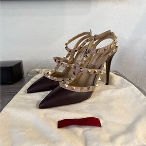 Valentino Dark Red and Gold Studded Heels